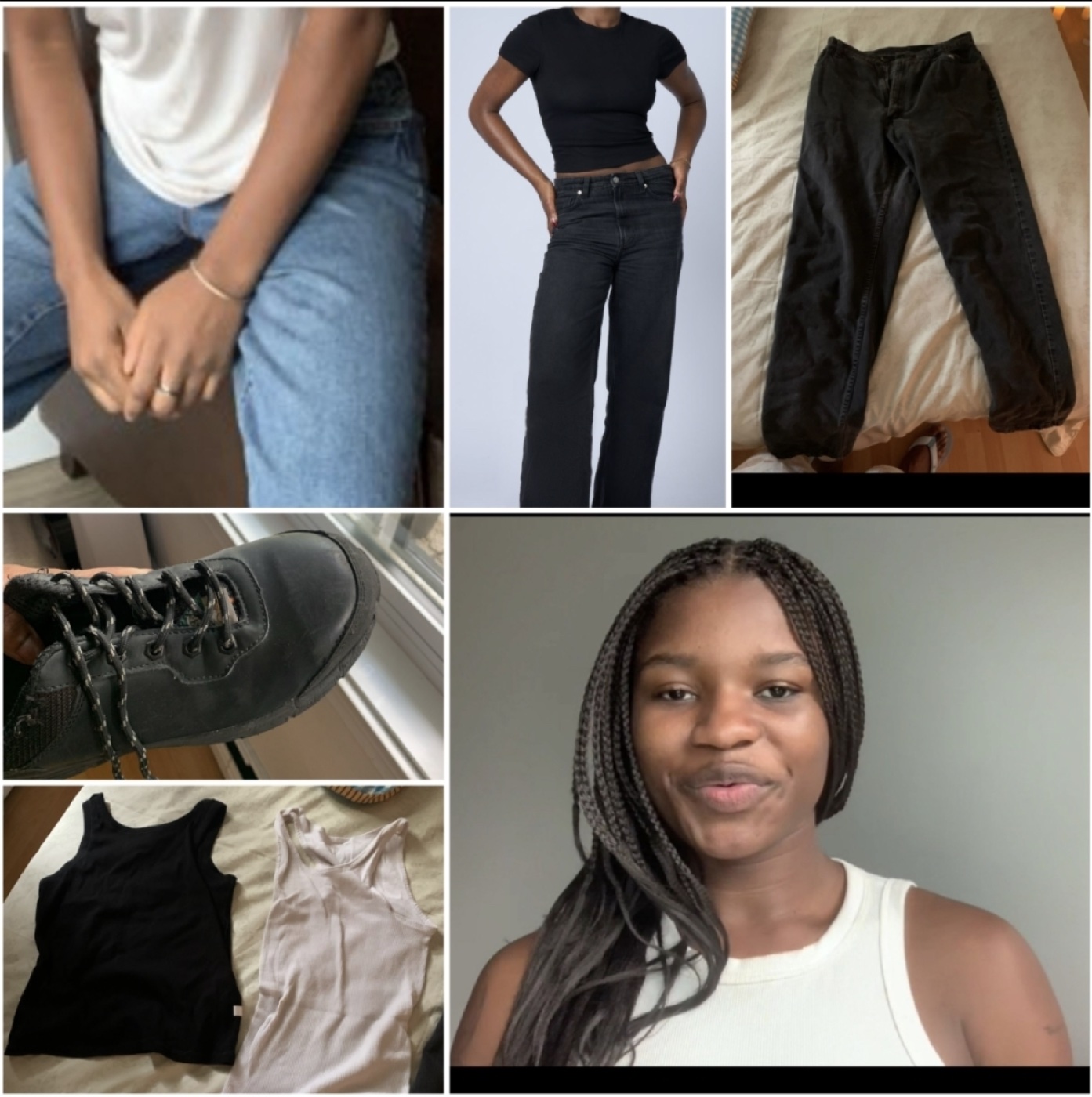Planche stylisme Jenny Tamba: t-shirts, camisoles, jeans, pantalon de travail et bottes